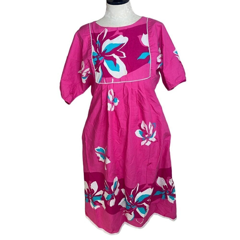 Malama Vintage Womens Dress Size 10 Pink Floral Midi Short Sleeve Pure Cotton